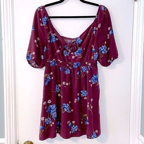 Xhilaration tie front square back peasant babydoll floral print tunic top L - Picture 1 of 7
